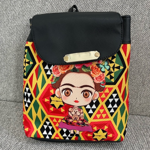Frida Kahlo Vibrant Black and Red Geometric Backpack Puse - Picture 1 of 16